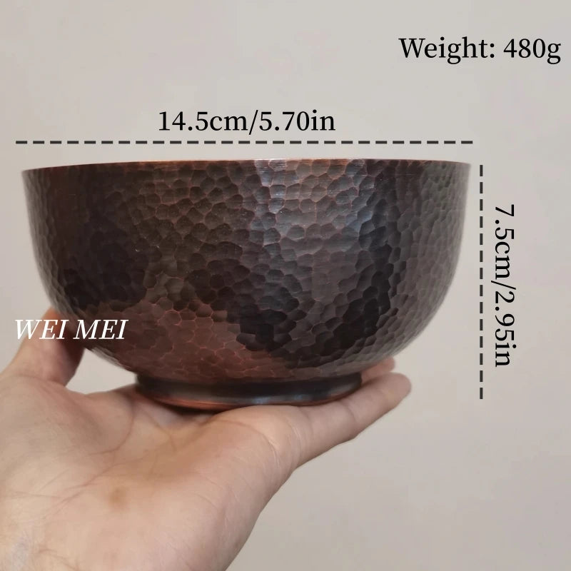 Retro Pure Copper Thickened Food Bowl,14.5 cm Handcrafted Hammer Texture Picnic Soup Copper Tableware,Portable Home Salad Bowls