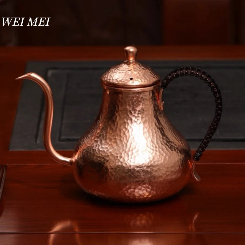 Handcrafted Vintage Pure Copper Coffee Pot,Camping 600 ml Pour-Over Boil Water Kettle,Engraving Hammer Texture Tea Pot Tableware