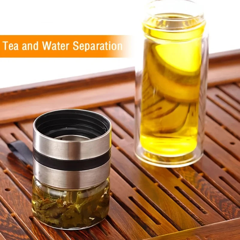 Double-Wall Insulated Glass Tea Soaking Bottle with Water Separation Compartment
