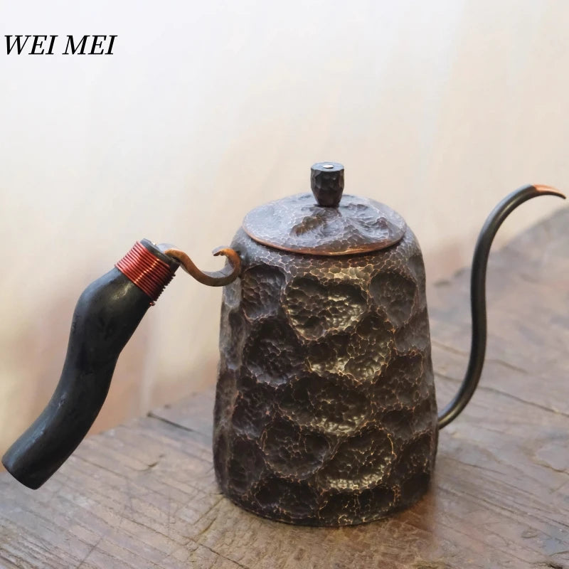 Vintage Copper Long Beak Coffee Pot,for Boiling Water and Brewing Tea,Handcrafted Engraving Rock-Pattern Gift Pot Tableware
