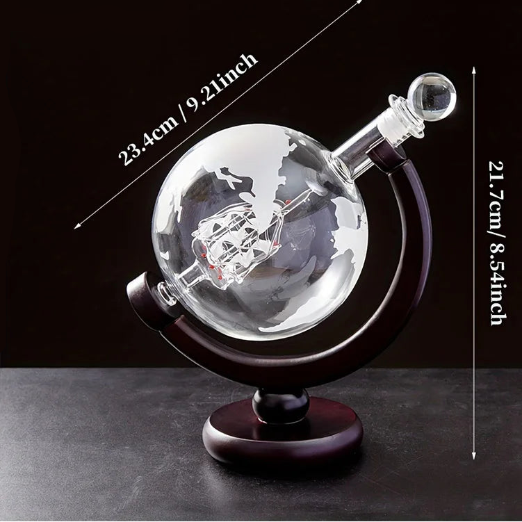 900ML Creative Globe Decanter Set with Lead-free Carafe Exquisite Wood-stand and 2 Glasses