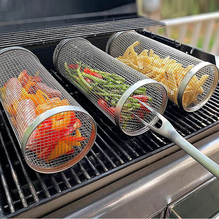 BBQ Basket Stainless Steel Rolling Grilling Basket