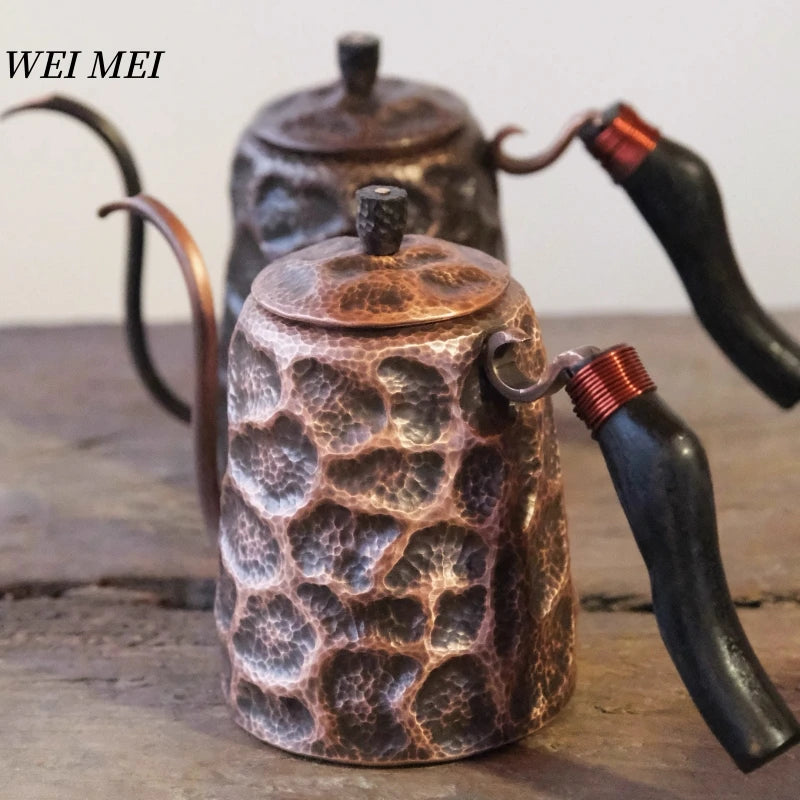 Vintage Copper Long Beak Coffee Pot,for Boiling Water and Brewing Tea,Handcrafted Engraving Rock-Pattern Gift Pot Tableware