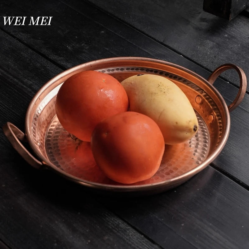 Handcrafted Vintage Copper Fruit Plate,Portable Hammer Texture Circle Shape Bread Tray,Home Food Plate,Kitchenware Tableware
