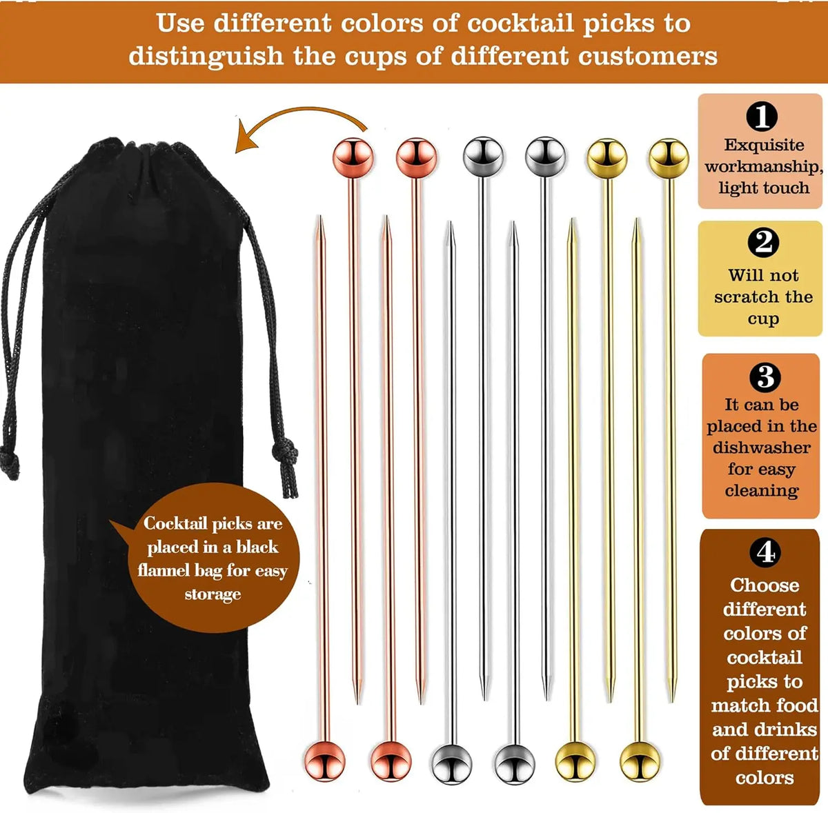 12Pcs Stainless Steel Cocktail Picks Bar Tools Drink Stirring Sticks Drinks Decoration Reusable Fruit Sticks Cocktail Picks