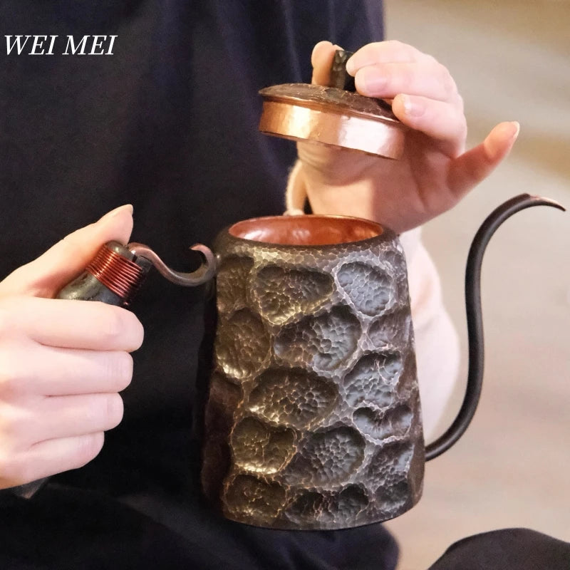 Vintage Copper Long Beak Coffee Pot,for Boiling Water and Brewing Tea,Handcrafted Engraving Rock-Pattern Gift Pot Tableware