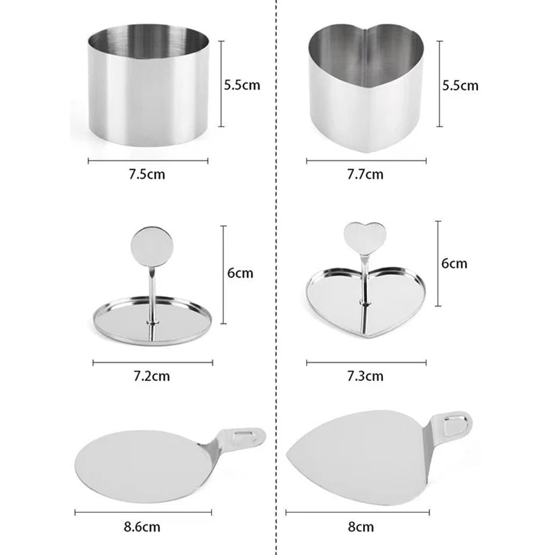 6pcs Cake Ring Molds Round/Heart Shape Stainless Steel Rice Ball Mousses Mold with Pusher & Pallet Kitchen Pastry Accessories