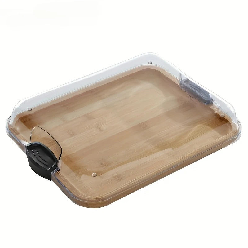 Bamboo Cutting Board with Clear Locking Lid and Black Handles