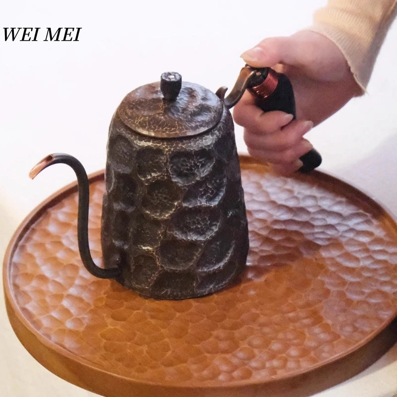 Vintage Copper Long Beak Coffee Pot,for Boiling Water and Brewing Tea,Handcrafted Engraving Rock-Pattern Gift Pot Tableware