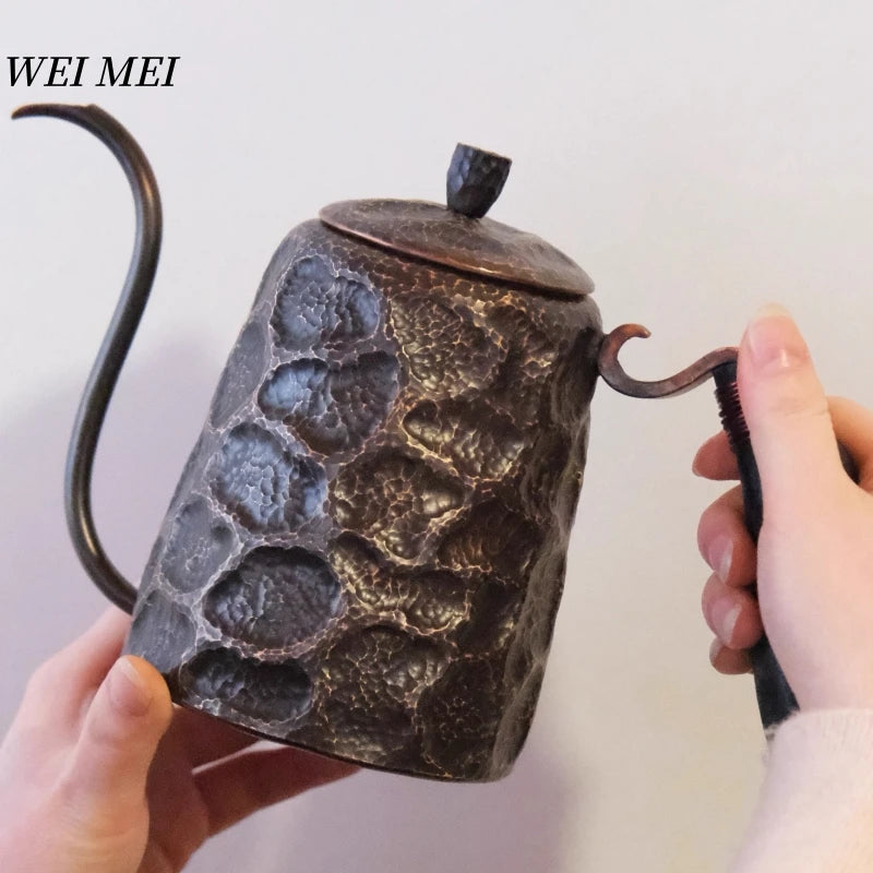 Vintage Copper Long Beak Coffee Pot,for Boiling Water and Brewing Tea,Handcrafted Engraving Rock-Pattern Gift Pot Tableware