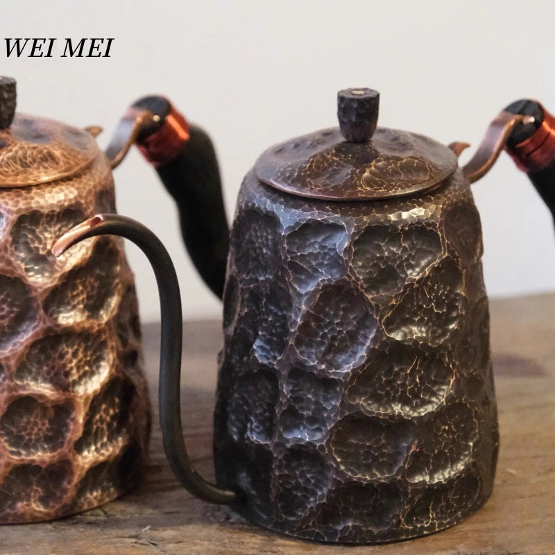 Vintage Copper Long Beak Coffee Pot,for Boiling Water and Brewing Tea,Handcrafted Engraving Rock-Pattern Gift Pot Tableware