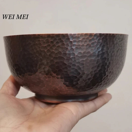 Retro Pure Copper Thickened Food Bowl,14.5 cm Handcrafted Hammer Texture Picnic Soup Copper Tableware,Portable Home Salad Bowls