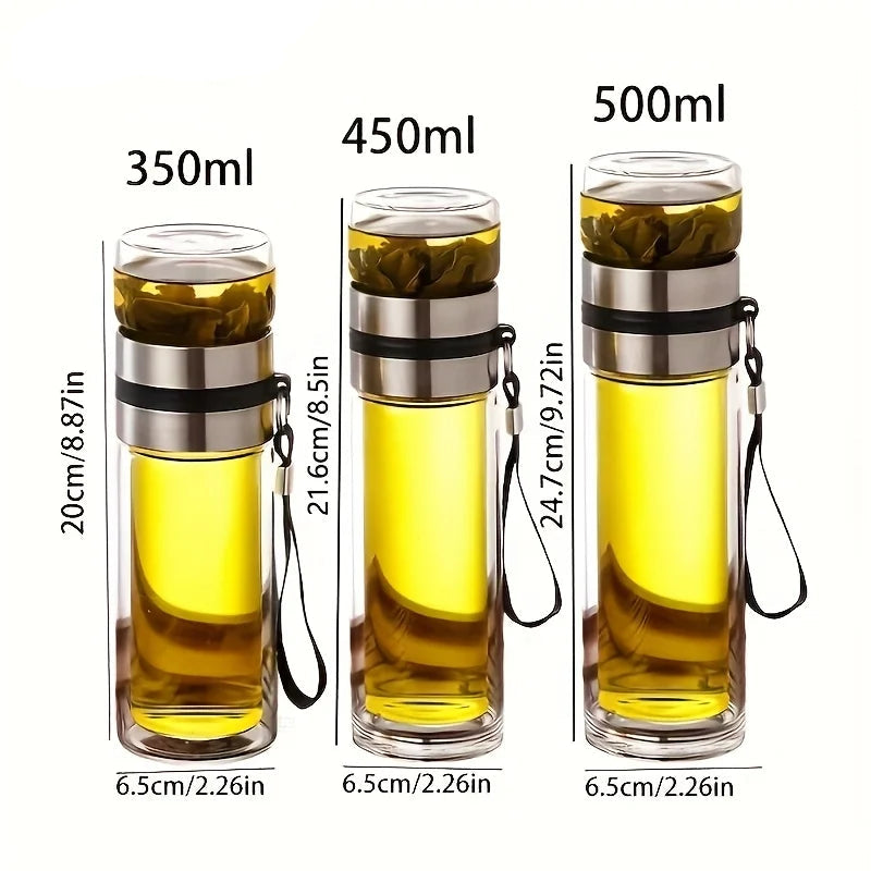 Double-Wall Insulated Glass Tea Soaking Bottle with Water Separation Compartment