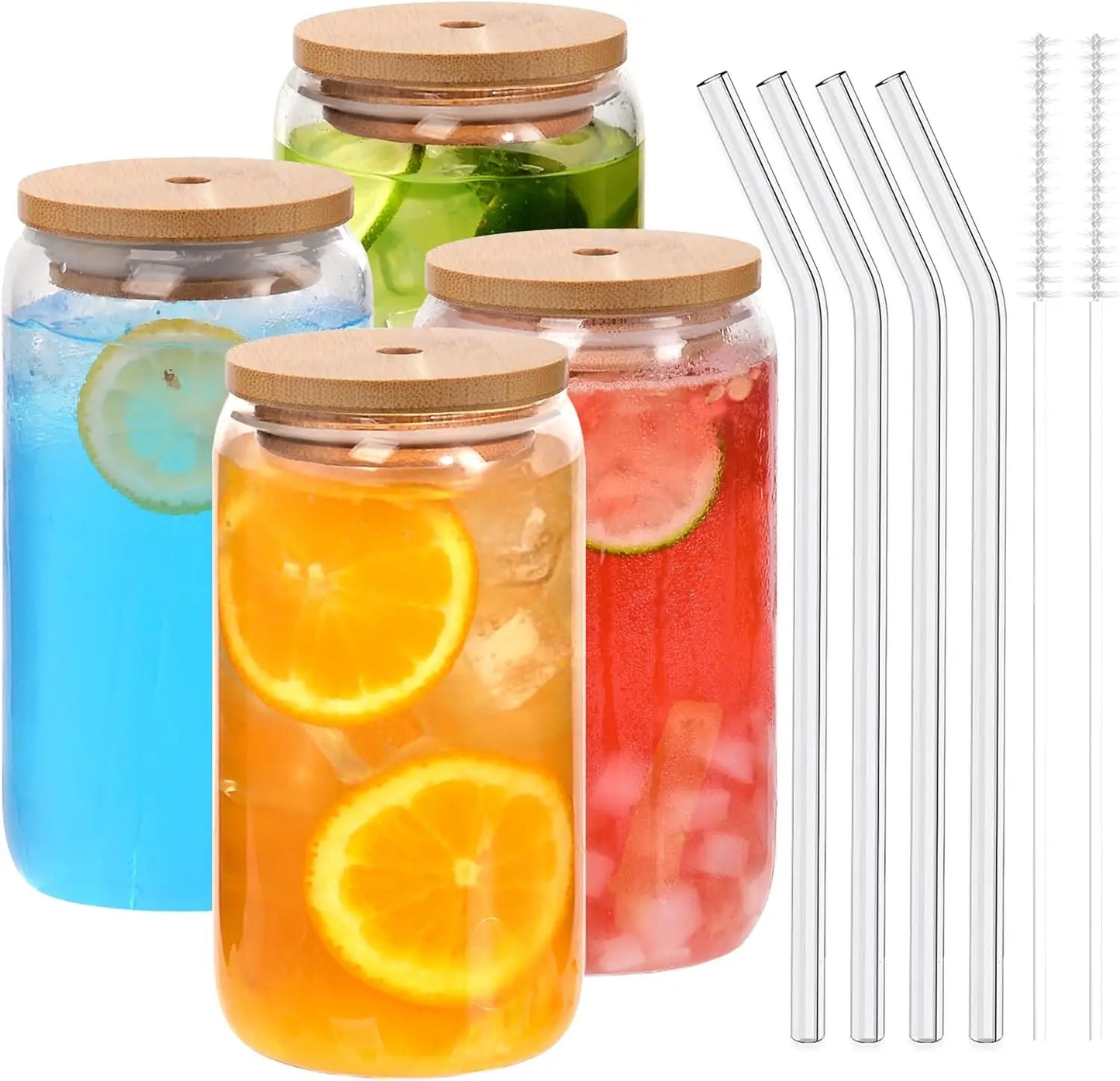 Drinking Glasses with Bamboo Lids and Glass Straws