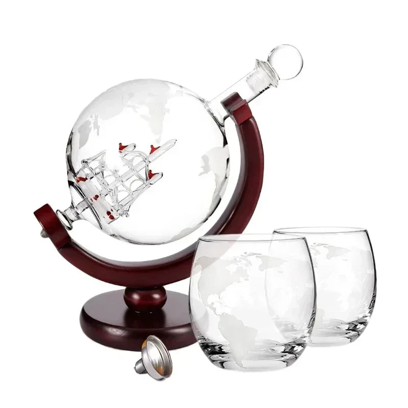 900ML Creative Globe Decanter Set with Lead-free Carafe Exquisite Wood-stand and 2 Glasses