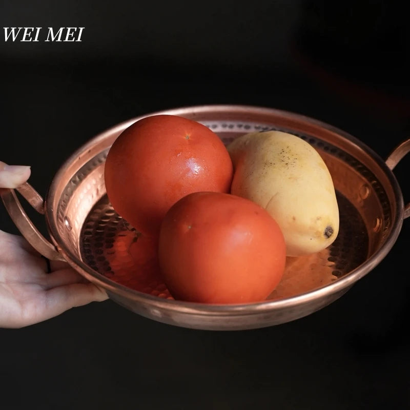 Handcrafted Vintage Copper Fruit Plate,Portable Hammer Texture Circle Shape Bread Tray,Home Food Plate,Kitchenware Tableware