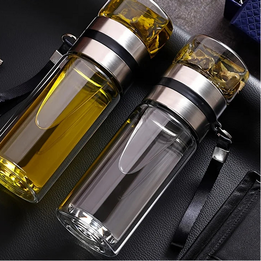 Double-Wall Insulated Glass Tea Soaking Bottle with Water Separation Compartment