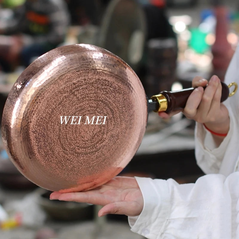 Handcrafted Copper Flat Pan,Campfire Picnic Steak Plate Western-Style Dinner Dish Wooden Handle Skillet Flat Bottom PanTableware