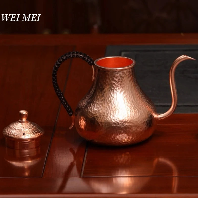 Handcrafted Vintage Pure Copper Coffee Pot,Camping 600 ml Pour-Over Boil Water Kettle,Engraving Hammer Texture Tea Pot Tableware