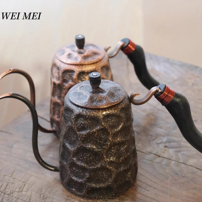 Vintage Copper Long Beak Coffee Pot,for Boiling Water and Brewing Tea,Handcrafted Engraving Rock-Pattern Gift Pot Tableware
