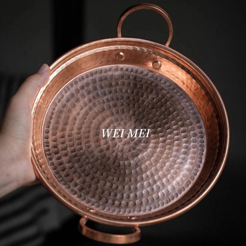 Handcrafted Vintage Copper Fruit Plate,Portable Hammer Texture Circle Shape Bread Tray,Home Food Plate,Kitchenware Tableware