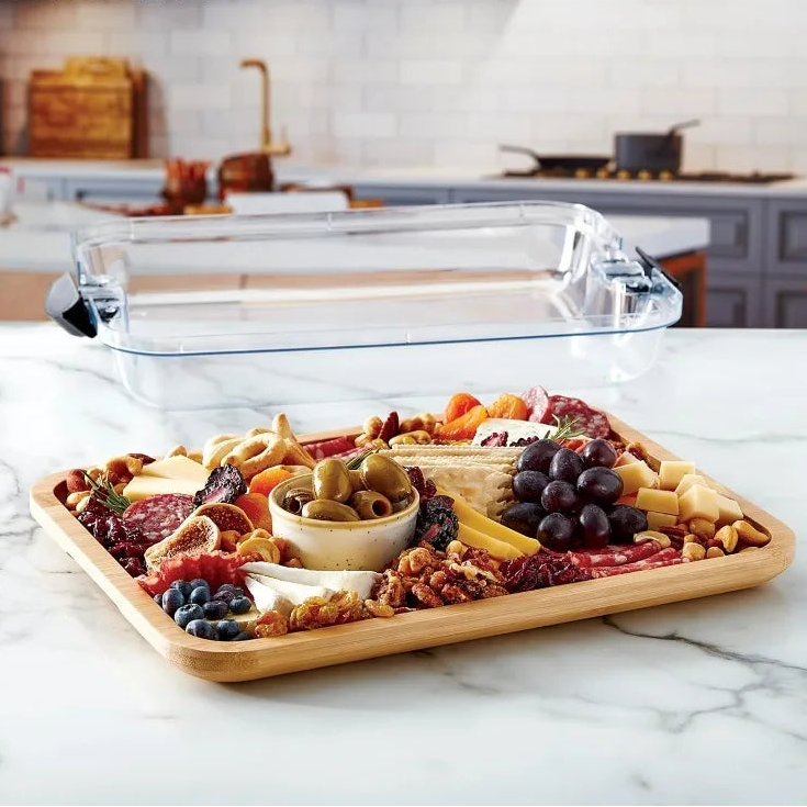 Bamboo Cutting Board with Clear Locking Lid and Black Handles