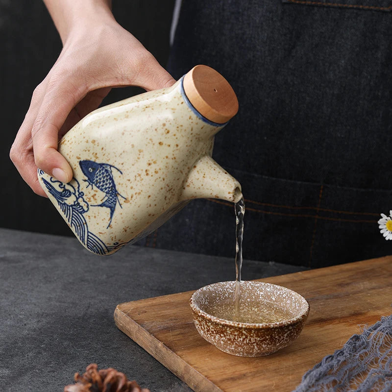Ceramic Sauce Pot Japanese Style Vinegar Dispenser Soy Sauce Seasoning Tool Cooking Olive Oil Pouring Bottle with Leakproof Lid