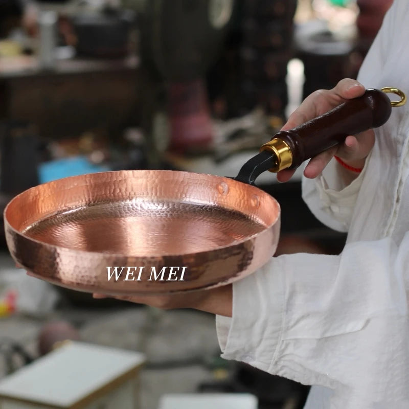 Handcrafted Copper Flat Pan,Campfire Picnic Steak Plate Western-Style Dinner Dish Wooden Handle Skillet Flat Bottom PanTableware