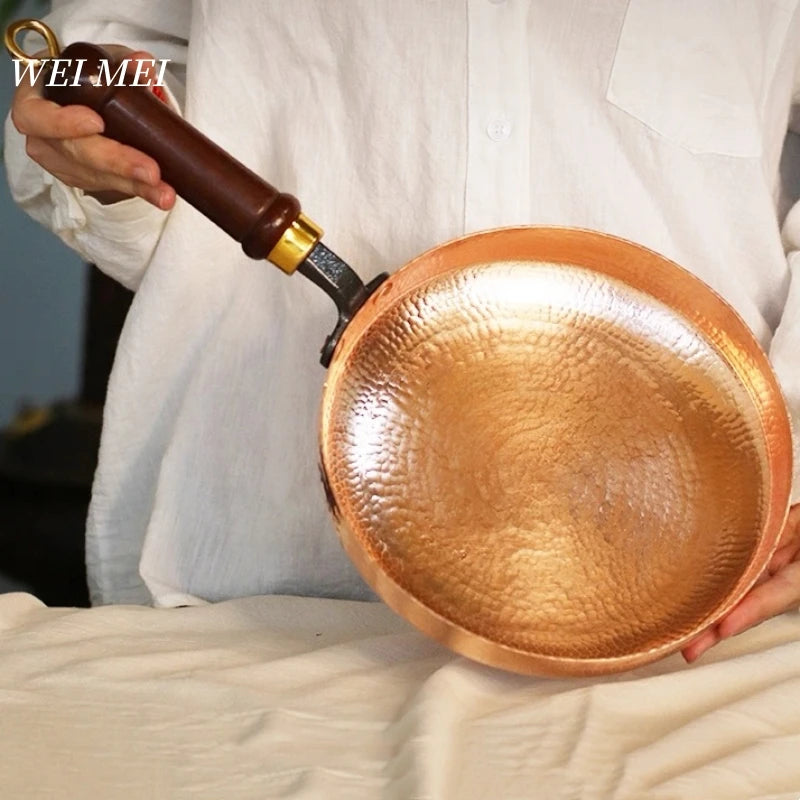 Handcrafted Copper Flat Pan,Campfire Picnic Steak Plate Western-Style Dinner Dish Wooden Handle Skillet Flat Bottom PanTableware