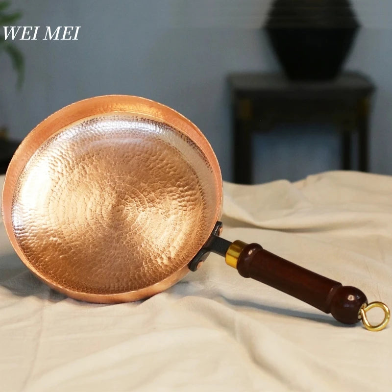 Handcrafted Copper Flat Pan,Campfire Picnic Steak Plate Western-Style Dinner Dish Wooden Handle Skillet Flat Bottom PanTableware