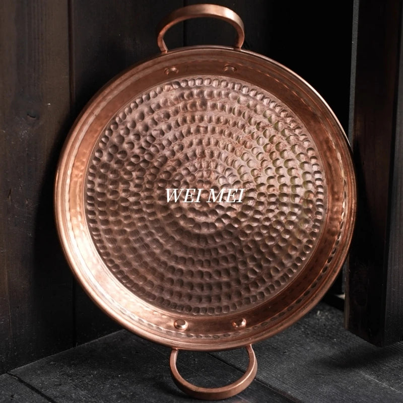 Handcrafted Vintage Copper Fruit Plate,Portable Hammer Texture Circle Shape Bread Tray,Home Food Plate,Kitchenware Tableware