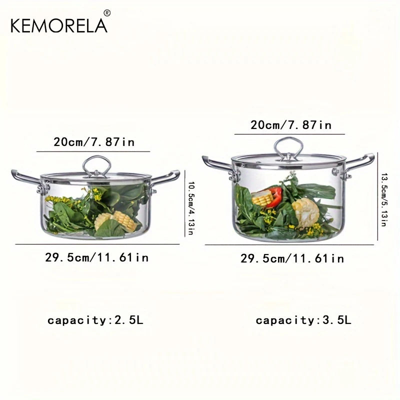 KEMORELA 1PCS Glass Cooking Pot 2.5L/3.5L Heat Resistant Simmer Pot Dual Handles Pots with Pot Lid Borosilicate Glass Cookware